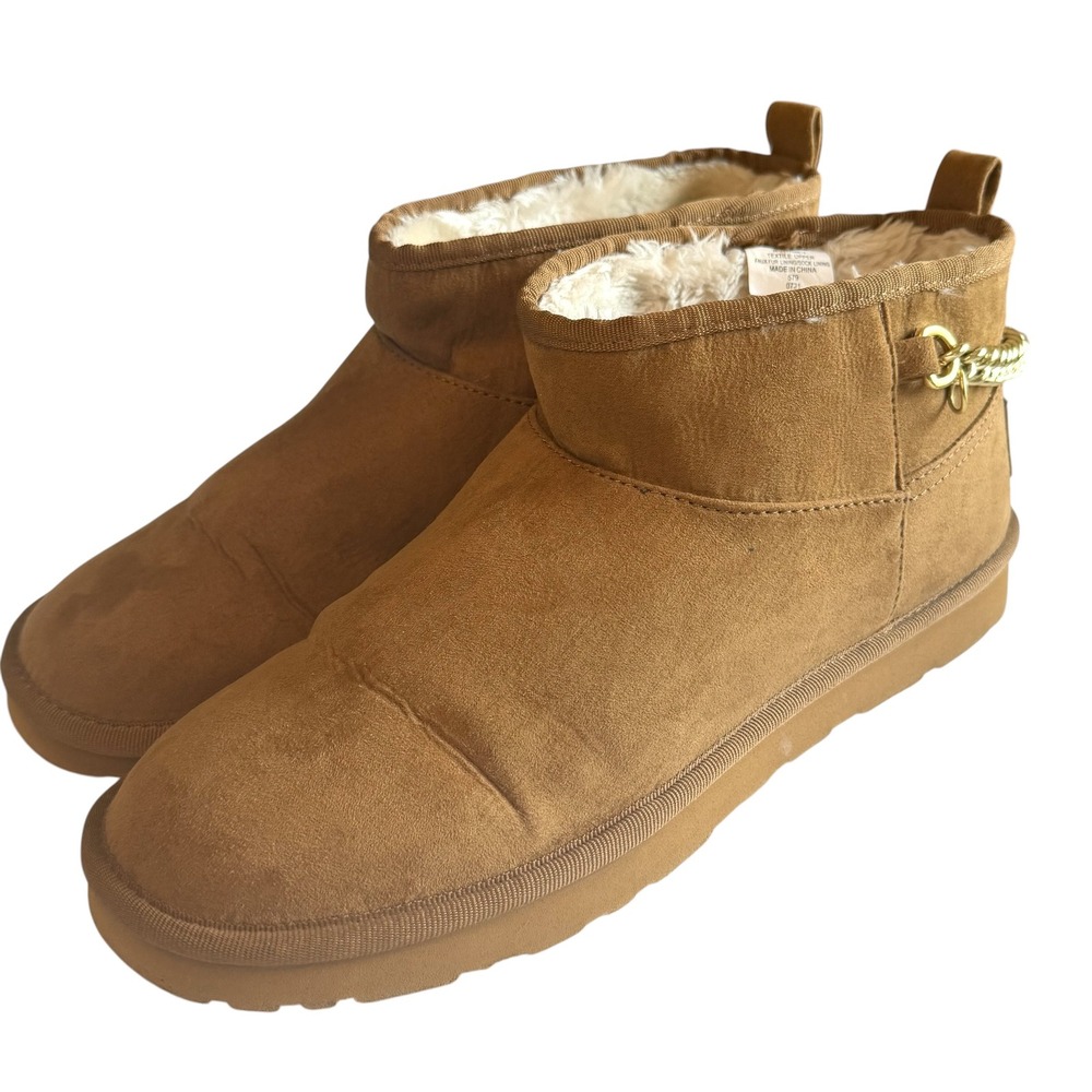 GUESS WGTWINE-T Chestnut Faux Fur Lined Gold Chain Ankle Boots Women's 10